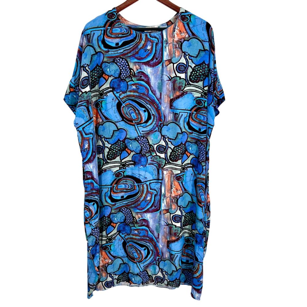 Seven Islands Womens Large L/XL Blue Wearable Art to Wear Artsy Tropical Dress